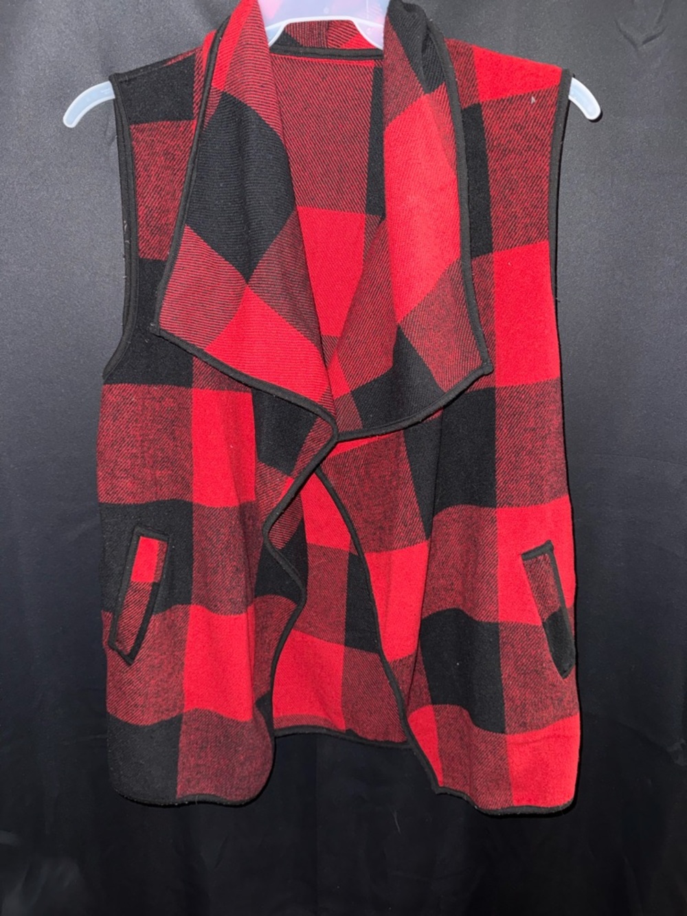 Red and Black Buffalo Plaid Open Front Vest